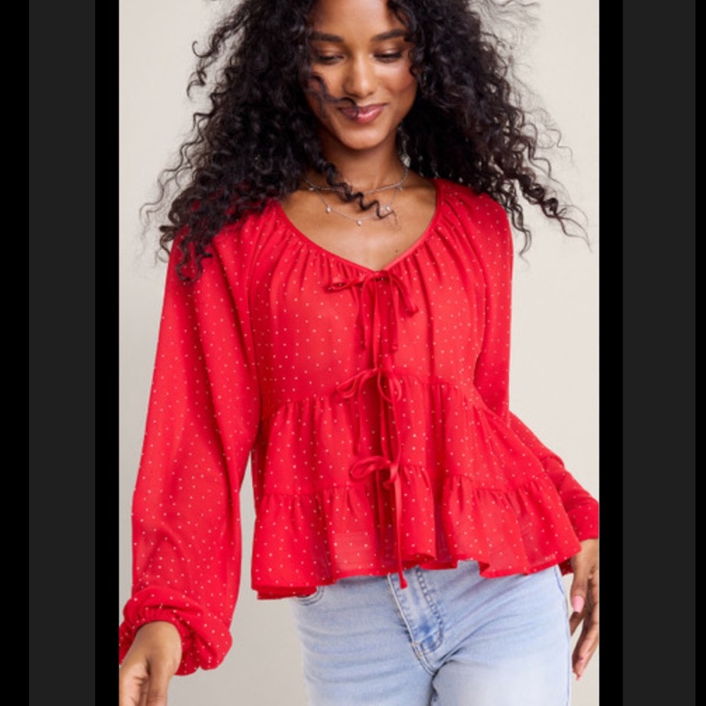 Francesca’s Red Sparkly Rhinestone Bow Tie-Front Peplum Blouse NWT